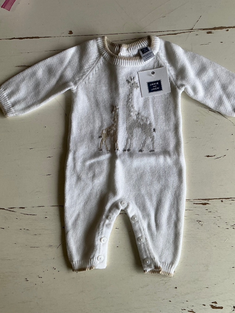 NWT Janie and Jack White 100% Cotton Knit Giraffe Romper Newborn Baby